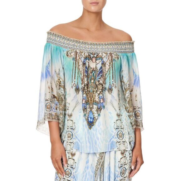 Camilla Tops - Camilla Gatsbys Girl Off Shoulder Shirred Blouse XS 165E